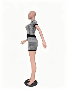 Side profile view of a two-piece knit striped crop top and shorts set for women