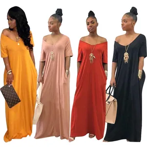 Comfortable loose short sleeve maxi dress with pockets in yellow, pink, red, and black
