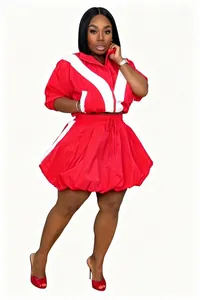 Two-piece women's casual red and white color-block jacket with bubble skirt set