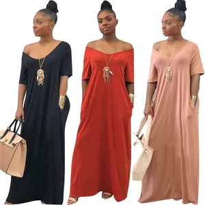 Detailed view of casual solid color V-neck maxi dresses with pockets in three colors