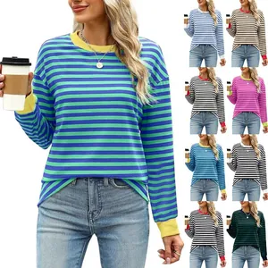 Women Striped Long Sleeve Top Casual Color Block Crew Neck Loose Fit T-Shirt Autumn Winter Fashion Patchwork Pullover Top