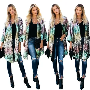 Giacca da Donna Casual in Paillettes Manica a Campana Gradiente Arcobaleno Aperta sul Davanti Cappotto Medio Lungo Moda Festa Top