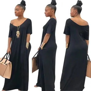 Detailed front, side, and back views of a comfortable black short sleeve maxi dress with pockets