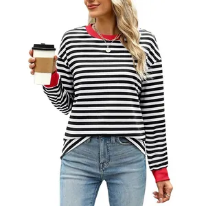 Casual women's loose striped long sleeve top with red contrast neck and cuffs detail