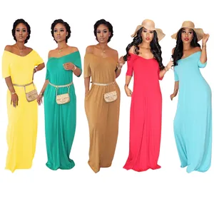 Five colors of off-shoulder maxi dresses for women in yellow, green, brown, red, and blue.