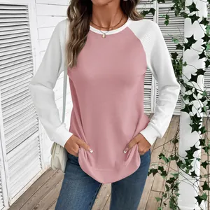 T-shirt décontracté en maille gaufrée à manches longues pour femmes, rose et blanc