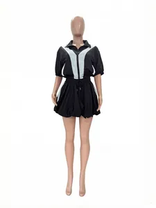Casual black and white color block quick-dry bubble skirt two-piece set on mannequin