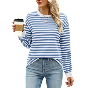 Casual blue and white striped long sleeve crew neck pullover for women, loose fit style.
