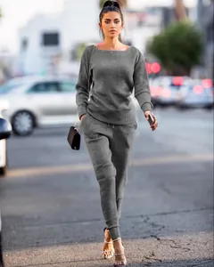 Close-up detail of grey rib-knit two-piece set featuring long-sleeved top and pants