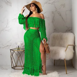 Detailed full view of vibrant green mesh crochet two-piece set featuring long fringes