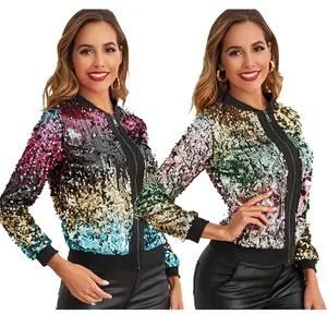 Dames Pailletten Bomberjack Veelkleurig Verloop Patchwork Rits Casual Lange Mouw Jas Party Nachtclub Mode Bovenkleding