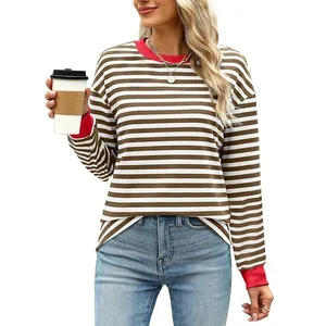 Women's loose striped long sleeve top with contrast red crew neck and ribbed cuffs