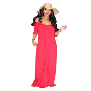 Full length view of a casual red maxi dress with short sleeves and off-the-shoulder neck