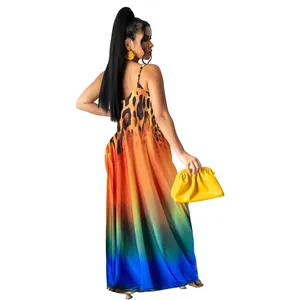Back view of leopard print gradient maxi dress with relaxed fit and vibrant colors
