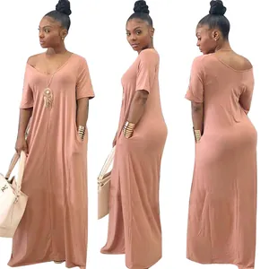 Solid pink short-sleeve maxi dress with pockets, front, side, and back view