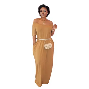 Casual mustard off-shoulder maxi dress with short sleeves and waist belt bag