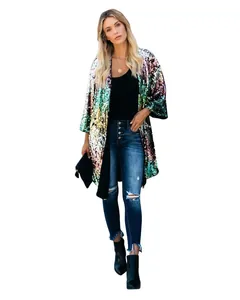 Elegante cardigan di paillettes arcobaleno con maniche a campana per donne party