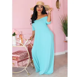 Elegant light blue off-the-shoulder maxi dress with short sleeves for casual summer wear