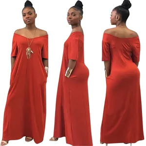Multi-angle views of an orange off-the-shoulder maxi dress with side pockets