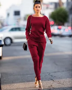 Chic burgundy ribbed knit two-piece set perfect for an urban casual autumn/winter style look
