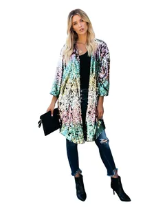 Giacca casual da donna con paillettes arcobaleno e bellissime maniche a campana
