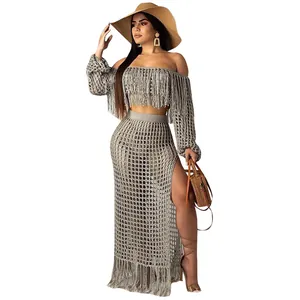 Bohemian crochet mesh two-piece beach set with stylish fringe detail and side slit