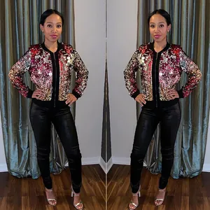 Chaqueta bomber de lentejuelas multicolores para mujer con diseño casual de cremallera