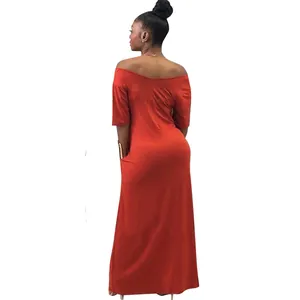 Back view of an orange minimalist off-shoulder short sleeve maxi dress with side pockets