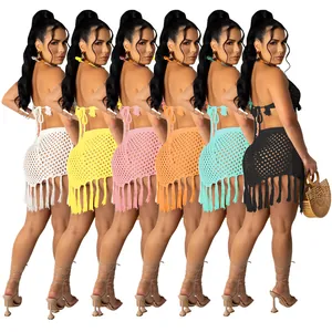 Detailed view of two-piece knit mesh bikini beachwear set with fringe skirt in six colors