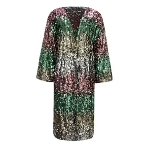 Elegante cardigan di paillettes multicolore con maniche a campana e scollo a V per feste