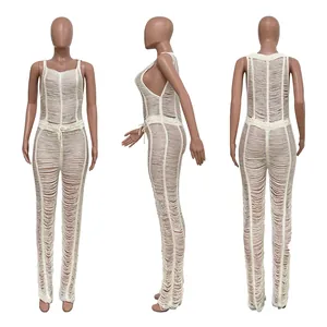 Sexy off-white knitted hollow beach jumpsuit showing front, side and back views