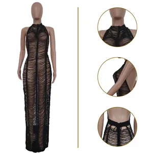 Detailed close-up views of sexy black knitted beach maxi dress with hollow-out design.
