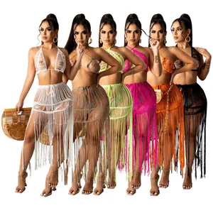 Women Sexy Knit Mesh Hollow Out Top And Bottom Long Fringe Tassels Beach Skirt Two Piece Vacation Co-ord Set