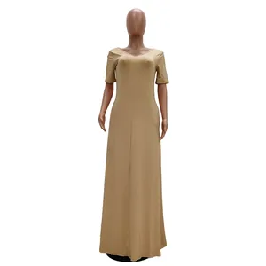 Close-up detail of a khaki colored short sleeve casual maxi dress on a mannequin