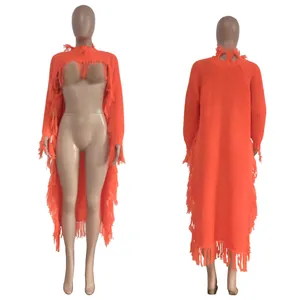 Detailed front and back views of an orange long-line knit sweater with heavy fringe.