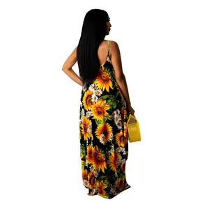 Back view of a vibrant sunflower print cotton maxi dress with a loose casual fit for summer