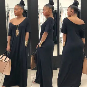 Detail views of a black loose-fit short sleeve maxi dress with pockets for women.