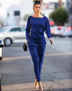 Stylish urban royal blue ribbed knit two-piece sweater and jogger set for women