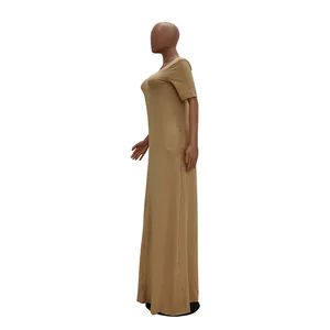 Elegant khaki short-sleeve casual maxi dress shown from a side profile on a mannequin