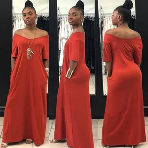 Three-way view of an off-shoulder orange maxi dress with pockets