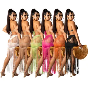 Sexy knit mesh tube top and fringe beach skirt two-piece set in various colors