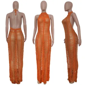 Front, back, and side views of orange sexy sheer knit halter beach maxi dress