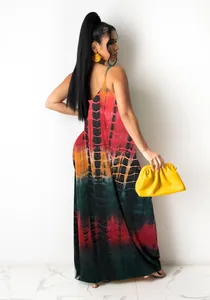Back view of a vibrant casual loose tie-dye maxi camisole dress featuring bold prints