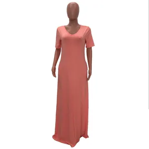 Detailed full-length shot of a solid peach short-sleeved casual maxi dress for women