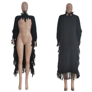 Detailed front and back views of a black long-length knitted sweater with decorative fringe
