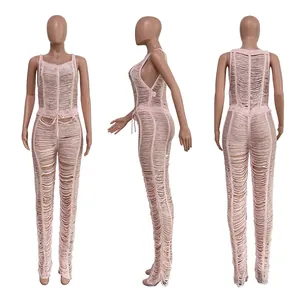 Three-way view of sexy pink hollow-out knitted jumpsuit for beachwear and casual events.