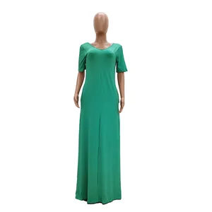 Front view of a green casual short-sleeved maxi dress on a mannequin