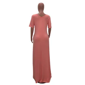 Back view of pink short sleeve casual maxi dress with side pockets for women.