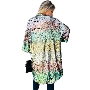 Giacca casual da donna con paillettes e maniche a campana, finitura cangiante