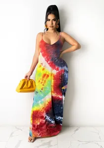 Detailed view of vibrant tie-dye cotton camisole maxi dress with V-neckline
